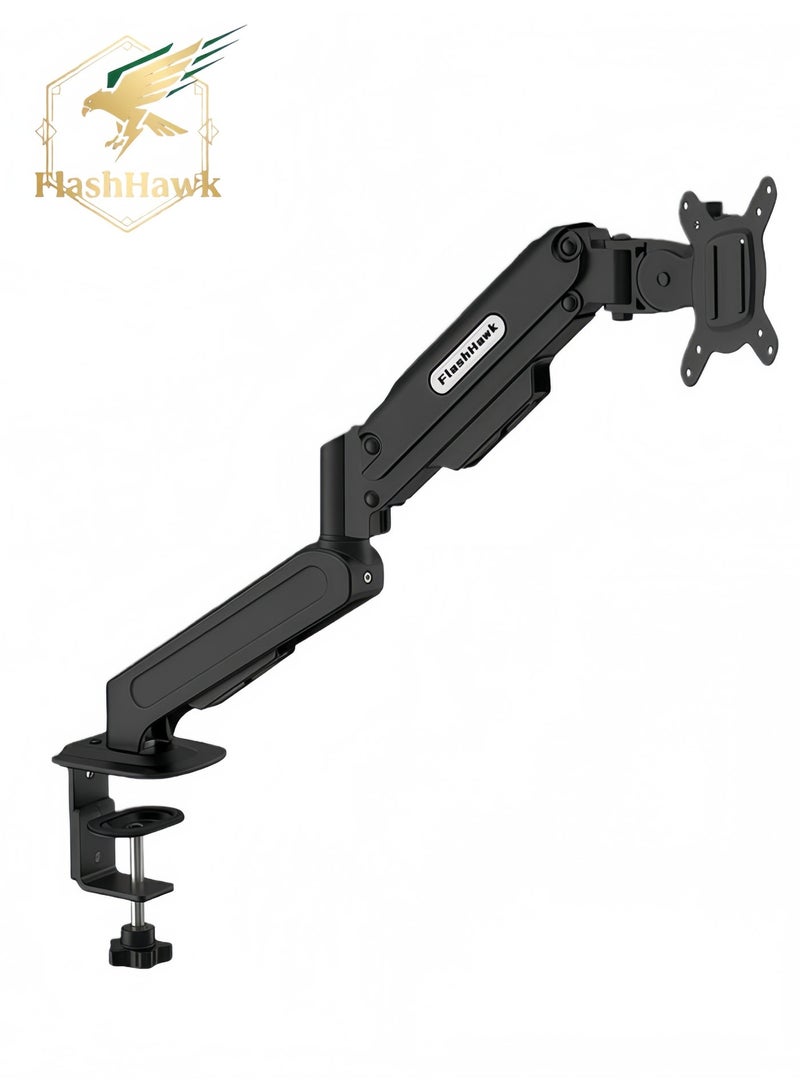 FlashHawk Single Monitor Arm Desk Mount – Gas Spring Stand for 17-32 Inch Screens, Full Motion Height Adjustable, Tilt Swivel Rotate, VESA 75/100mm, 2-9kg Load, Quick Release VESA & Tool-Free Install - Black - Image 1